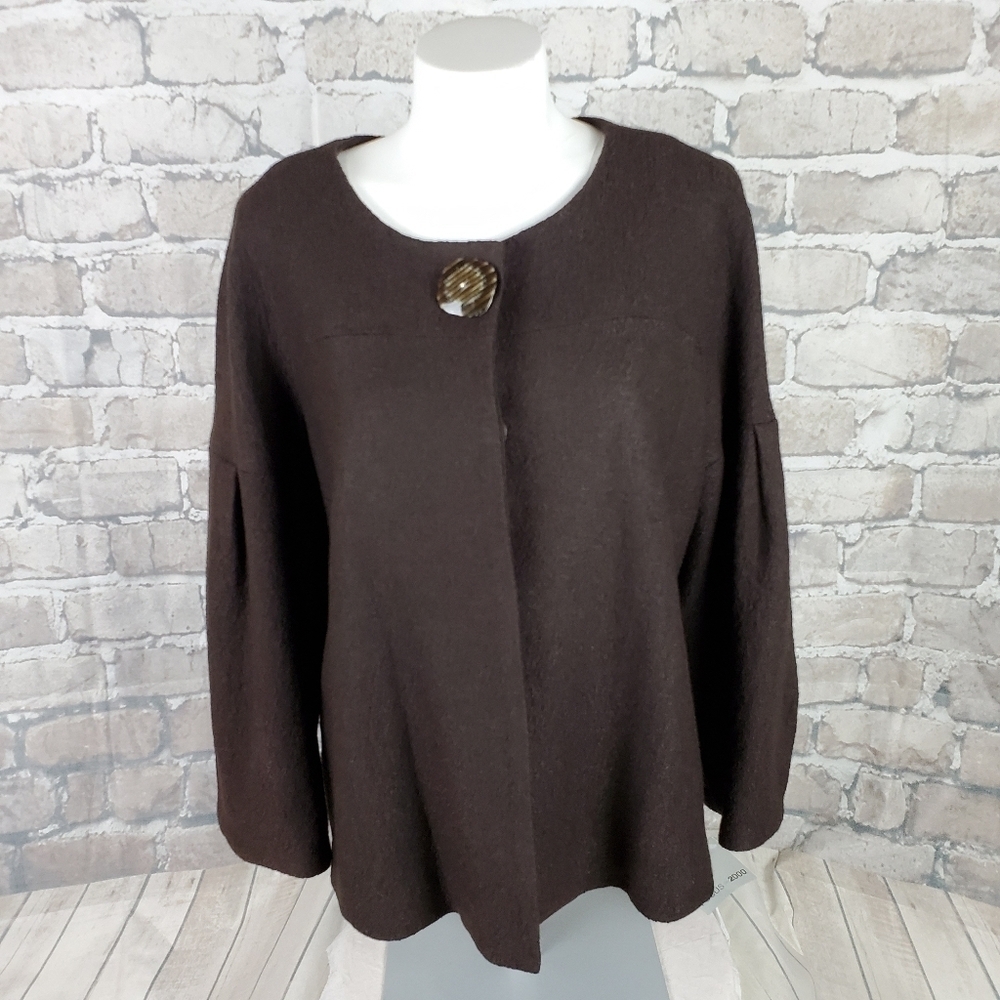 Focus Wool Blend Boxy Jacket Princess Bell Sleeve Size 14 Brown Y2K Career